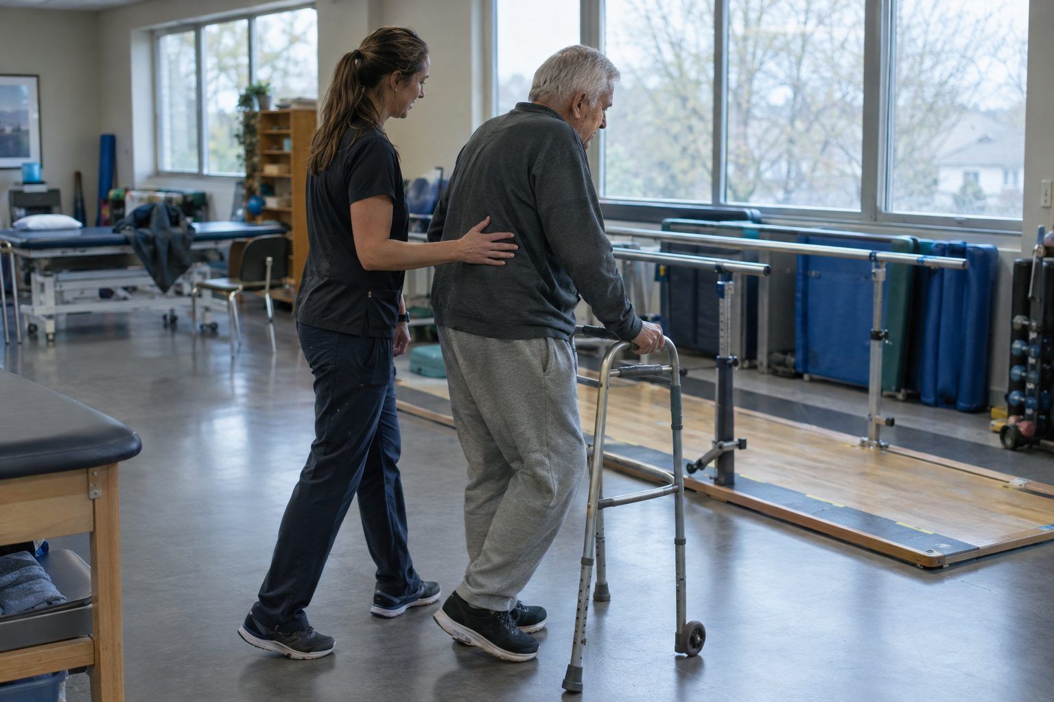 Physical therapist helping an older patient walk in a rehabilitation gym