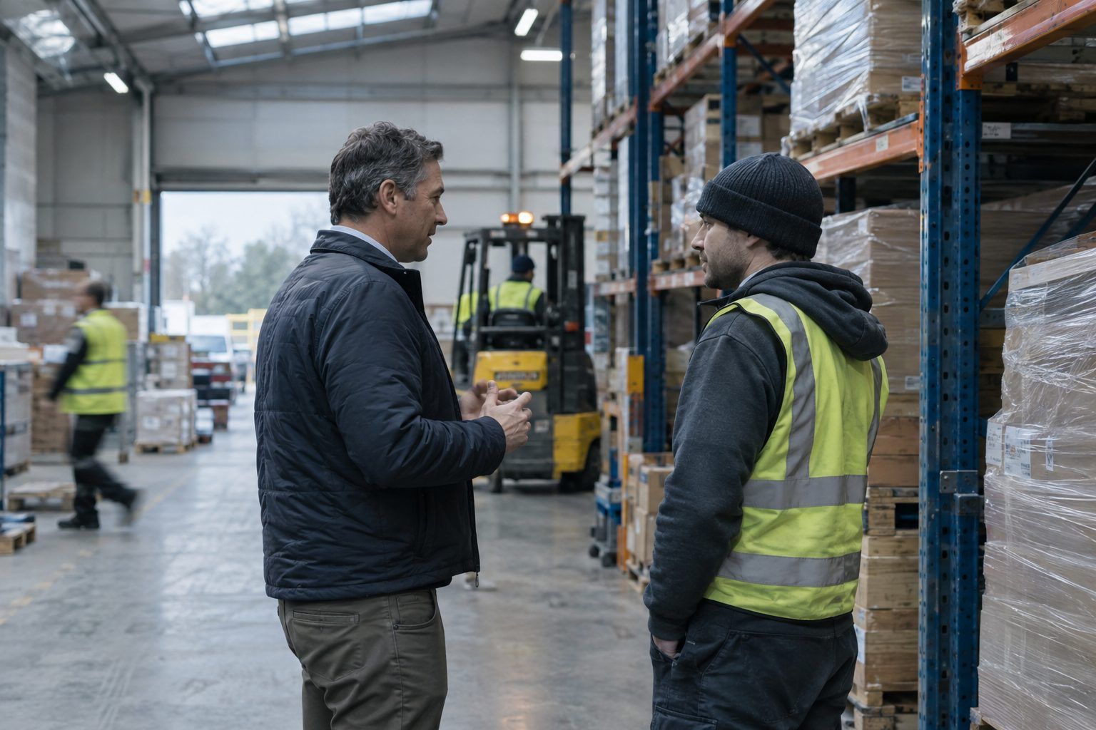 Owner talking with a warehouse employee