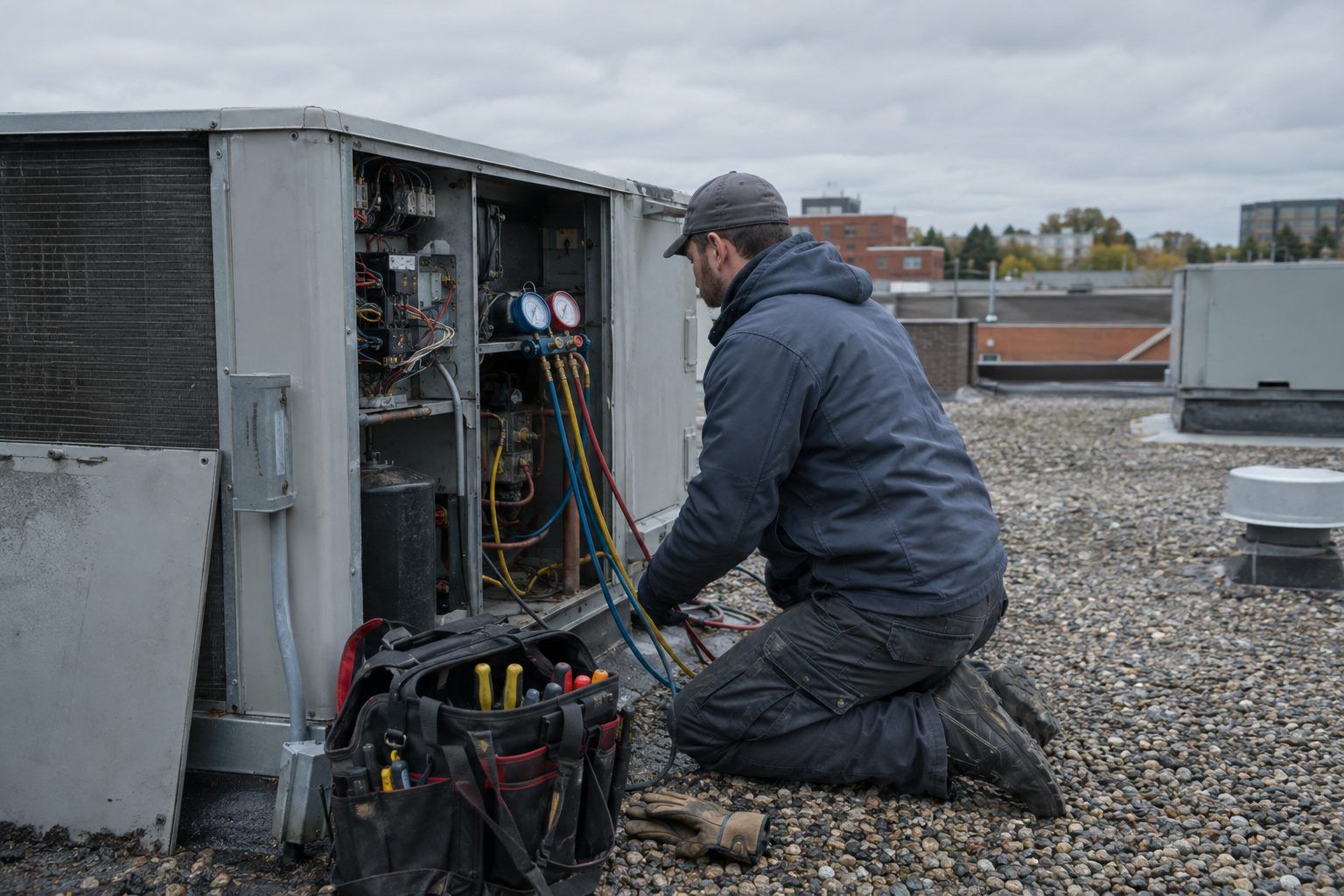 HVAC technician servicing a commercial rooftop unit